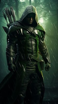 a man in a green outfit holding a bow and arrow while standing in the rain