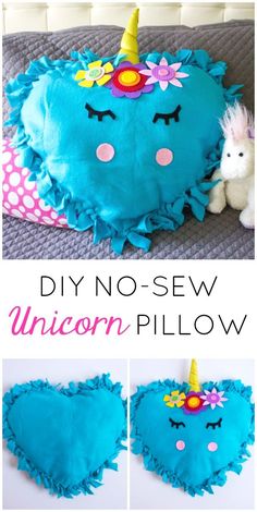 These sweet DIY unicorn pillows are so easy to make with a basic no-sew heart pillow kit and a few supplies from Oriental Trading. No Sew Pillows For Kids, No Sew Projects For Kids, No Sew Kids Crafts, Unicorn Sewing Projects, No Sew Crafts For Kids, Diy Pillows For Kids, Kid Pillows, No Sew Crafts, Diy Kids Pillows