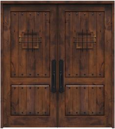 two wooden doors with metal handles and bars on each door, both side by side