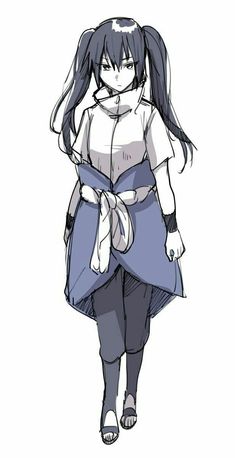 an anime character walking down the street with long hair and wearing a blue skirt, white shirt