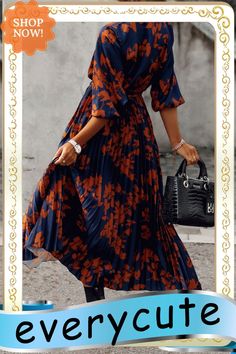 Orange V Neck Wrap Pleated Maxi Floral Dress with Tie Fall Day Out Pleated Dress, Fall Pleated Maxi Dress For Brunch, Casual Pleated Orange Dress, Casual Orange Pleated Dress, Maxi Floral Dress, Tie Women, Pleated Maxi, Dresses Floral, Dress With Tie