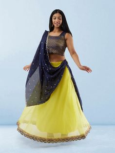 Lemon Yellow Organza Lehenga with Blue and Gold raw Silk Choli | Lehenga Dress | Indian Ethnic Wear | Indian Attire For Women | Lehenga Gold Festive Fusion Pre-draped Saree For Diwali, Fusion Style Saree Set With Zari Work, Fusion Saree Set With Zari Work, Fusion Style Choli For Festivals And Parties, Yellow Tilla Sets For Diwali, Fusion Style Choli For Wedding And Navratri, Fusion Style Party Choli For Festivals, Fusion Style Wedding Choli For Navratri, Festive Fusion Dupatta For Diwali