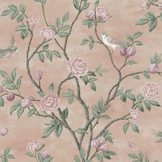 a pink wallpaper with flowers and birds on it