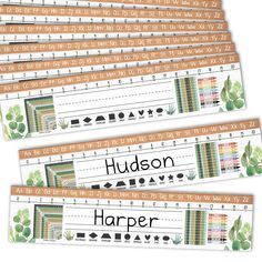 four bookshelves with different patterns and words on them, including the name hudson harper