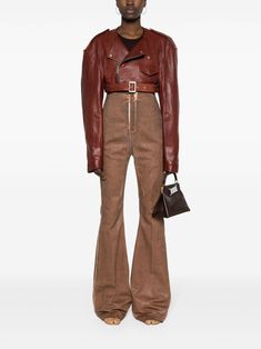 Belted Cropped Jacket With Long Sleeves For Winter, Belted Long Sleeve Cropped Jacket For Winter, Cropped Leather Jacket With Zipper For Work, Fall Cropped Jacket With Zip Fly, Cropped Leather Biker Jacket For Fall, Cropped Biker Jacket With Zipper For Work, Cropped Leather Jacket With Pockets For Fall, Cropped Brown Outerwear For Work, Leather Cropped Biker Jacket For Fall