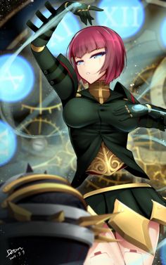 an anime character with pink hair and green eyes holding two swords in her hands, while standing