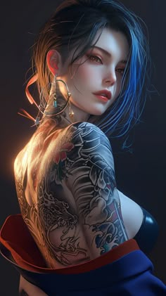 a woman with tattoos and piercings on her back