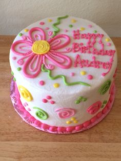 a decorated birthday cake on a wooden table