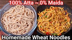 two pans filled with noodles and vegetables next to the same one that says, 100 % atta - 0 % maida