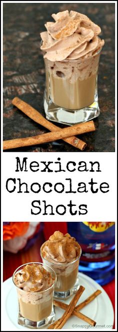 mexican chocolate shots with cinnamon sticks on the side and an image of two glasses filled with ice cream