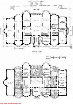 two floor plans for the first and second floors of an old building with spiral staircases