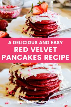 red velvet pancakes with white icing and strawberries on top are the perfect dessert for valentine's day