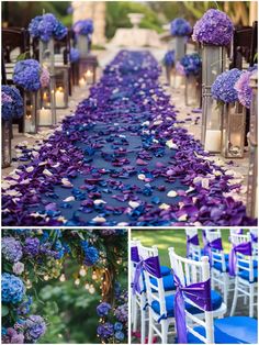 purple and blue wedding decorations with candles