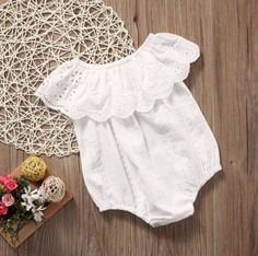 Cute Off the shoulder slightly sheer and breathable romper. The detail is gorgeous!! Spring White Off-shoulder Bodysuit, Toddler Jumpsuit, White Lace Romper, Baby Clothes Patterns, White Romper, Girls Rompers