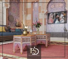 a living room filled with furniture and flowers on top of a pink carpeted floor