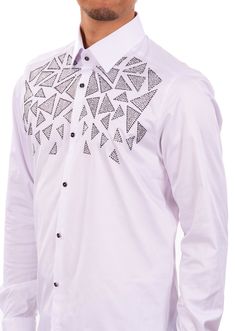 Limited edition- One of a kind Eye-catching studded rhinestone detailed shirt. A modern shirt with an unexpected edge. This white cotton shirt from Mondo is embellished with silver rhinestone. Looking sharp. Your style status can’t be messed with, and this shirt from Mondo makes that clear. Adorned with gold-tone rhinestones, this piece will toughen up any casual look. Eye-catching rhinestone details French placket Point collar Custom buttons Sleeves with Cufflinks Long sleeves with mitered Back Luxury Embroidered Formal Shirt, Mens Rhinestone Shirt, White Collared Shirt With Geometric Pattern, Luxury Button-up Shirt With Graphic Print, Cotton Short Sleeve T-shirt With Rhinestones, Rhinestone Shirts, Custom Buttons, Men Shirt Style, Silver Rhinestone