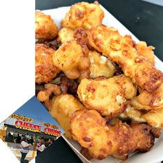 there is a plate of fried food on the table next to an image of a restaurant