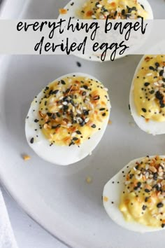 deviled eggs with sprinkles on top and text overlay saying everything but the bagel deviled eggs - instant pot