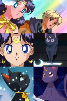 some anime characters with blue eyes and black cats in the background, one is staring at something