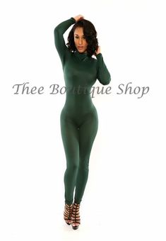 Solid stretch forest green jumpsuitTurtle neck with back zipper closureLong sleeve Model is 5'6 wearing: X-Small (0-2) Model Measurements: 36Bust-24Waist-36Hips Size Chart X-Small (0-2) Small (2-4) Medium (6-8) Large (10-12) Processing Time: 7-12 business days prior to shipping. PLEASE NOTE: All items are made to order. This item can take 7-12 business days to produce prior to shipping. Rush delivery is available and can be guaranteed through customer service. Polyester Blend SpandexHAND-WASH / Green Long Sleeve High Stretch Bodysuit, Green High Stretch Long Sleeve Bodysuit, Winter Green Fitted Bodysuit, Green Fitted Bodysuit For Winter, Green Long Sleeve Stretch Bodysuit, Green Stretch Long Sleeve Bodysuit, Green Long Sleeve Bodysuit For Fall, Green Stretch Jumpsuits And Rompers For Party, Green Fitted Long Sleeve Bodysuit