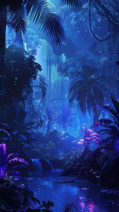 the jungle is full of blue and purple lights, with palm trees in the foreground