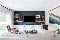 a living room filled with furniture and a flat screen tv mounted on a wall above a fire place