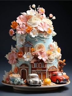 a blue cake with flowers and cars on it