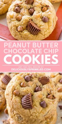 Don't miss out on this easy Valentine's Day dessert! It's a peanut butter cookie recipe with peanut butter cups, peanut butter chocolate chips, and salted caramel peanuts. Put these BEST peanut butter chocolate chip cookies on your list of sweet treats for Valentine's Day! Chocolate Chip Peanut Butter Cookies, Mini Peanut Butter Cups, Cup Cookies, Peanut Butter Cup Cookies, Peanut Butter Chocolate Chip Cookies, Buy Cookies, Chocolate And Peanut Butter, Chocolate Chunk, Peanut Butter Cup