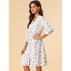 With its pretty floral print, the dress is an elegant and feminine option. With a classic fit and flare shape, the below-the-knee length dress is perfect for summer occasions. This pretty summer dress has a flattering fit-and-flare silhouette. Featuring an all-over floral print, the dress has inverted pleats detailing throughout, V-neckline, and short sleeves. Vintage-inspired and tailored to fit-and-flare silhouette, it features short sleeves, a button front, and a v-neckline for a pretty aesth Carmen Dress, Pretty Summer Dresses, Midi Dress White, Chelsea Boots Women, Ballet Dress, Black Velvet Dress, Midi Short Sleeve Dress, Tweed Dress, Denim Midi Skirt