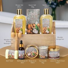 10 PIECE PAMPERING SPA SET - Our 10 piece spa sets for women include Bubble Bath, Shower Gel, Epsom Salt, Bath and Body Oil, Body Scrub, Soy Candle (Coconut Honey Almond scent), Leave On Night Cream, Bath Towel, Wooden Face and Body Massager Tool, inside a Wooden Storage Box. COCONUT & HONEY ALMOND - A premium self care gift basket featuring the sumptuous aroma and buttery-smooth feel of coconut along with honey almond, so you can enjoy all the fragrances and ingredients you expect from a premie Spa Baskets, Gift Basket For Women, Almond Scent, Bath & Body Gift Set, Spa Basket, Epsom Salt Bath, Salt Bath, Spa Gift Set, Gift Baskets For Women