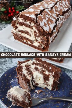 chocolate roulade with bailey's cream filling on a blue plate next to a piece of cake