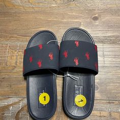 Signature Polo Pony Motif Round Toe Branded Insole Flat Rubber Sole. Casual Sandals With Red Sole, Casual Black Sandals With Red Sole, Casual Navy Flat Sandals, Baby Flip Flops, Mules Shoes Flat, Polo Ralph Lauren Shoes, Ralph Lauren Sneakers, Pink Slides, Kids Flip Flops