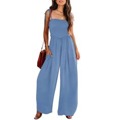 Features: The 2024 summer casual rompers with smocked bodice, square neck and tie knot adjustable spaghetti straps, sleeveless cami tank jumpsuit, sexy low cut on the back, ruffle elastic high waist, fit and flare jumpsuits, casual loose long pants rompers, 2 pockets on the side, classic plain solid color, dressy wide leg maternity rompers, summer outfits. Spaghetti strap design makes you look sexy and wide legs make you look thinner. Casual Summer Rompers, Jumpsuits Summer, Summer Jumpsuit Casual, Maternity Romper, Jumpsuits Casual, Romper Long Pants, Tank Jumpsuit, Maxi Jumpsuit, Wide Leg Romper