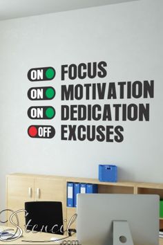 this is an image of a wall sticker with the words focus, motivation, dedication and excusses