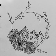 a drawing of mountains and flowers in a circle