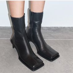 Bnnw And In Box!! Purchased, Didnt Realize They Were Final Sale So I Cannot Return Them, They Actually Fit But I Have Too Many Black Boots. I Feel Like These Run Large Because Of The Square Toe. I Usually Wear A 40 In Miista Shoes (I Have The Madoka And Took A 40) But These For Some Reason I Wear A 38. I Have These In Another Color And Have Worn Those In A 38 As Well. Listing As A 7.5 / Eu38 Because That Is What Is On The Shoe. Heel Height Is Super Comfortable Its About 2.3 Inches Current Shoe O Fitted Faux Leather Boots With 4-inch Heel, Black Mid-calf Boots With Stacked Heel And Square Toe, Black Boots With 4-inch Heel Medium Width, Pointed Toe Boots With 4-inch Heel In Faux Leather, Black Mid-calf Boots With Zipper Closure And Square Toe, Heel Caps, Rubber Heels, Cow Leather, Sonic