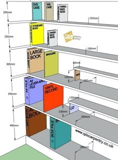 an architectural drawing of the interior of a bookcase with different colors and sizes on each shelf