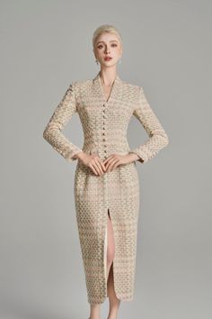 Kairi Pegged Front Slit Tweed Midi Dress - MEAN BLVD Tweed Midi Dress, Women Dress Collection, Mean Blvd, Classy Work Outfits, Tweed Fabric, Work Outfits Women, Pink Beige, Beige Brown, Work Outfits