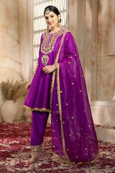 Violet short anarkali with floral pattern gota embroidery. Comes with matching salwar and dupatta. - Aza Fashions Luxury Purple Anarkali Set With Gota Work, Designer Festive Anarkali Set With Dabka, Designer Anarkali Set With Dabka For Festive Occasions, Diwali Raw Silk Dupatta With Dabka, Festive Navratri Lawn Suit With Dabka Work, Festive Purple Churidar For Diwali, Transitional Raw Silk Salwar Kameez With Dupatta, Festive Chanderi Lawn Suit With Dabka Work, Purple Chanderi Anarkali Set For Wedding