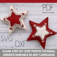 two red and white stars are sitting on top of each other, with the words svg dxf