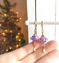 Materials: stainless steel hooks with non-tarnish wire 🌙 Wire Planet Earrings, Celestial Nickel-free Adjustable Earrings, Celestial Nickel-free Earrings, Adjustable Celestial Nickel-free Earrings, Space-themed Dangle Jewelry Gift, Handmade Purple Celestial Earrings, Celestial Wire Wrapped Dangle Earrings, Handmade Celestial Dangle Earrings, Handmade Celestial Earrings For Festivals