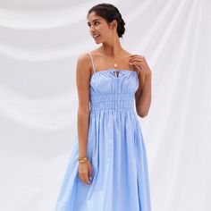 Smocked Midi Dress | Nuuly Rent Cotton Midi-length Smocked Dress For Day Out, V-neck Smocked Midi Dress For Vacation, Midi-length Sleeveless Dress With Smocked Back For Daywear, Blue V-neck Midi Dress With Smocked Bodice, Bohemian Blue Smocked Midi-length Dress, Smocking, Dress Skirt, Midi Dress, Maxi Dress