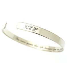 Personalized sterling silver cuff bracelet for women. Personalized Gift. Custom skinny cuff bracelet for her. Initials cuff bracelet for women. Personalized present for her, birthday gift, mommy bracelet, delicate cuff bracelet for loved one. The delicate bracelet is ready to be both sides personalized. Engrave it with initials and names in a lovely font outside and with a hidden message inside. These can be words of love, gratitude, or a quote to give some inspiration. Are you looking for a spe Classic Initials Bracelet, Perfect As Gift, Adjustable Elegant Name Bracelet With Engraving Option, Elegant Adjustable Name Bracelet With Engraving Option, Elegant Stamped Cuff Bracelet, Personalized Silver Bracelets With Initials, Personalized Silver Bracelet With Initials, Elegant Stamped Cuff Bracelet For Wedding, Elegant Hand Stamped Sterling Silver Name Bracelet, Silver Initials Bracelets For Wedding