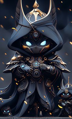 an animated character with blue eyes and black armor, standing in front of a dark background