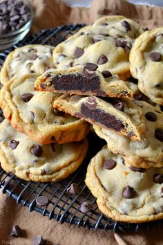 chocolate chip cookies stacked on top of each other