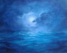 an oil painting of the ocean at night with clouds and sun shining down on it