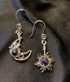 "Crescent moon and sun earrings , each have a gemstone bead.  You can choose shiny Copper , Silver or Oxidized Copper .    Silver has purple agate beads,  oxidized copper has moonstone beads and shiny copper has a Citrine bead in sun and a White gemstone in the crescent moon.  Drop length about 2\".   Any other beads can be used too for a custom order." Adjustable Celestial Wire Wrapped Jewelry, Handmade Moon-shaped Spiritual Earrings, Unique Dangle Earrings With Sun And Moon Design, Handmade Spiritual Moon Earrings, Unique Sun And Moon Dangle Earrings, Unique Sun And Moon Design Dangle Earrings, Unique Sun And Moon Design Dangle Jewelry, Celestial Wire Wrapped Moonstone Jewelry, Nickel-free Moonstone Spiritual Earrings