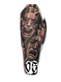 a man's arm with an evil clown face on it and the word d is in