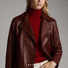 Massimo Dutti Burgundy Leather Biker Jacket Size Large Fits Like A Us 8/10 Color Most Closely Reflected In The First Set Of Pictures Shoulders: 15.5” Pit To Pit: 16” Armpit To Bottom: 12.5” Fall Business Biker Jacket, Burgundy Biker Jacket For Winter, Burgundy Biker Jacket For Work In Winter, Burgundy Biker Jacket For Fall Workwear, Casual Burgundy Leather Jacket For Work, Fall Burgundy Biker Jacket For Work, Fall Burgundy Biker Jacket For Workwear, Casual Jacket Outfit, Massimo Dutti Women