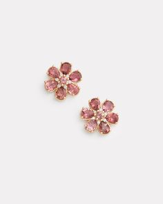 18K Yellow Floral Stud Earring with Pink Tourmaline and Diamonds, .12 TCW5/8 Inch Diameter Style# YESFPTW Gold Pink Earrings, Pink Jewerly, Pink Tourmaline Jewelry, Love Earrings, Pink Studs, Asymmetrical Earrings, Tourmaline Earrings, Floral Studs, Tourmaline Jewelry